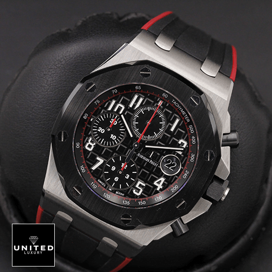 Audemars Piguet Royal Oak Offshore 26400SO.OO.A002CA.01 "Vampire" Ultra Clone 1:1 audemars piguet royal oak offshore 26470SO.OO replica tiltedright Audemars Piguet Royal Oak Black Dial Replica red second hand in the box