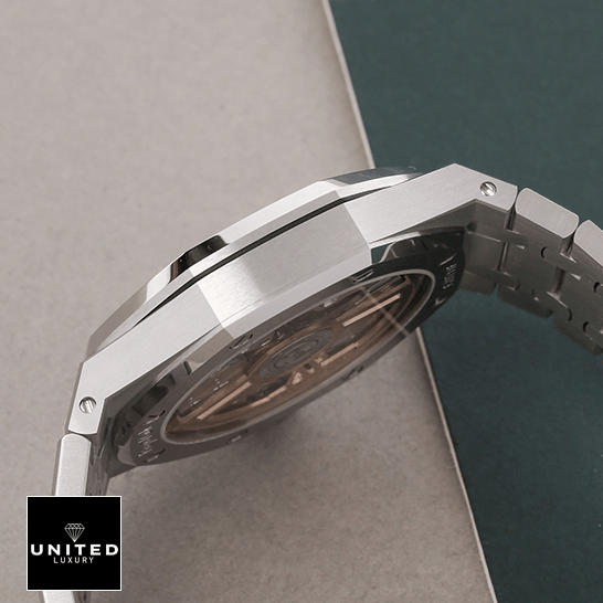 Audemars Piguet Royal Oak 15500ST "Blue Dial" Perfect Duplicate Edition audemars piguet royal oak15500ST.OO .1220ST.01 replica leftside Audemars Piguet Royal Oak 15500ST.OO_.1220ST.01 Stainless Steel Bezel Replica