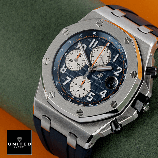 Audemars Piguet Royal Oak 26470ST.OO.A027CA.01. "Chronograph" Supreme Clone Quality audemars piguet royal oak offshore 26470ST.OO .A027CA.01 replica blue unitedluxurynet 2 Audemars Piguet 26470ST.OO_.A027CA.01 Steel Case Replica orange background