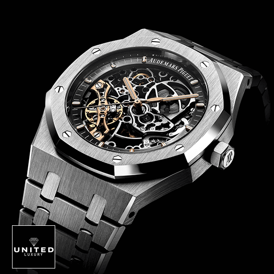 Audemars Piguet Royal Oak Double Balance Wheel Openworked 15407ST Replica audemars piguet royal oak 41 stainless steel openworked watch skeleton unitedluxury right 1 Audemars Piguet Royal Oak Stainless Steel Replica black background