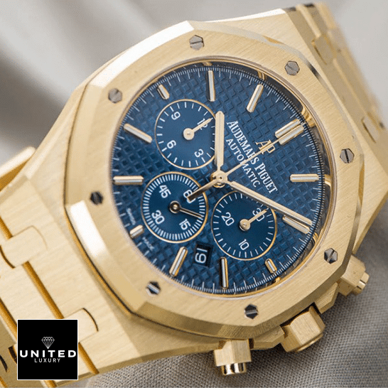 Audemars Piguet Royal Oak 26320BA.OO.1220BA.02 Premium Replica 1:1 audemars piguet royal oak chronograph 26320BA gold Audemars Piguet Gold Case Blue Dial Replica crown / push button