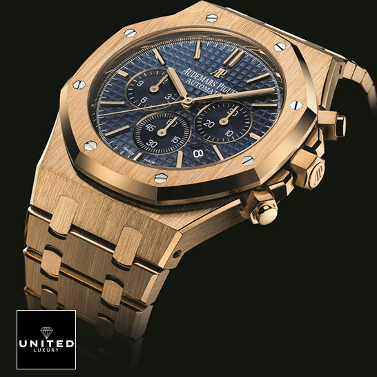 Audemars Piguet Royal Oak 26320BA.OO.1220BA.02 Premium Replica 1:1 audemars piguet royal oak chronograph 26320BA left Audemars Piguet Royal Oak Blue Dial Gold Case Replica black background