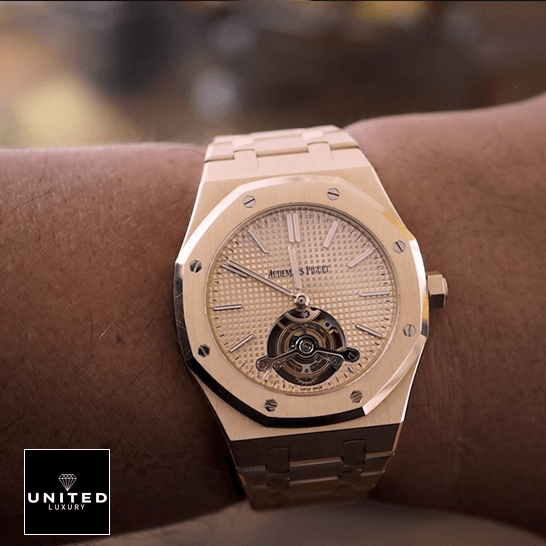 Royal Oak Tourbillon Replica audemars piguet royal oak tourbillon extra plat Ap Royal Oak Tourbillion Gold Replica on the man wrist