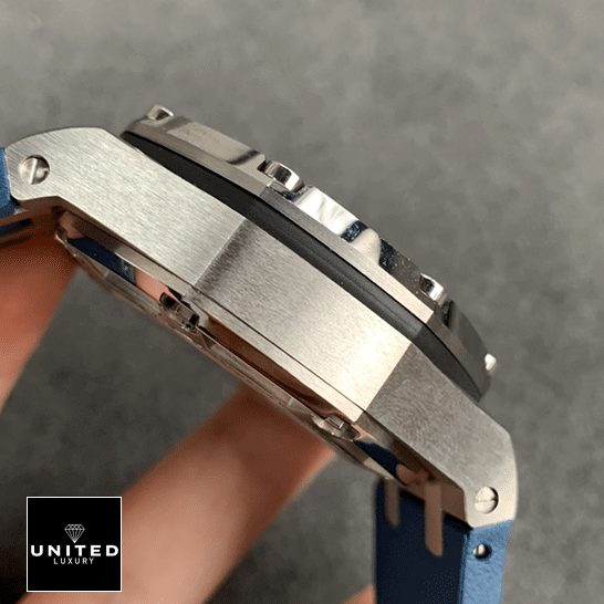 Audemars Piguet Royal Oak Offshore 26568PM.OO.A021CA.01 "Michael Schumacher" 1:1 Clone Edition audemarspiguet royaloakoffshore 26568PM.OO .A021CA.01 replica leftside Audemars Piguet Royal Oak Steel Case Replica side view and grey background