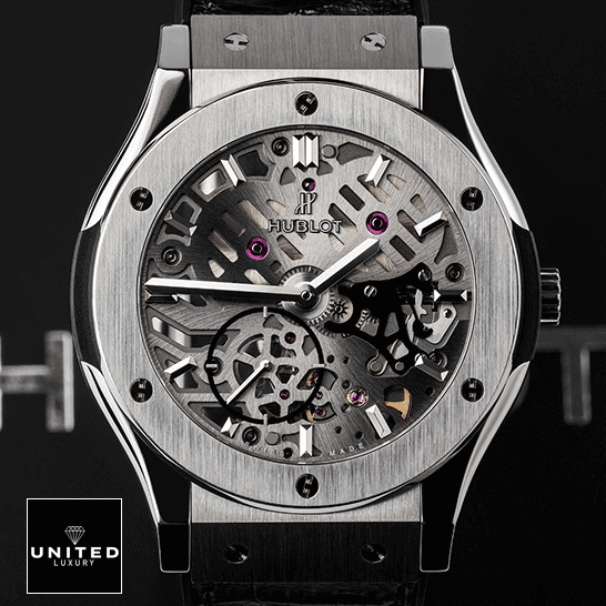 Hublot Classic Fusion 505.NX.0170.LR "Skeleton Dial" Top Replica 1:1 hublot classicfusion 505.nx .0170.lr replica front Hublot Classic Fusion 505.nx_.0170 Stainless Steel Bezel Replica black background