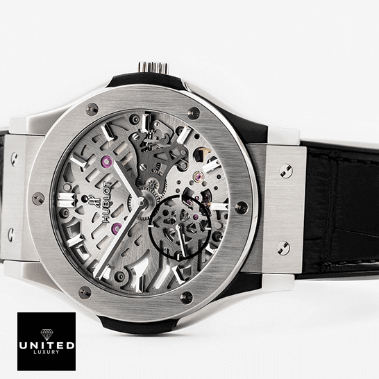 Hublot Classic Fusion 505.NX.0170.LR "Skeleton Dial" Top Replica 1:1 hublot classicfusion 505.nx .0170.lr replica tiltedleft Hublot Classic Fusion Stanless Steel Case Black Rubber Bracelet Replica white background