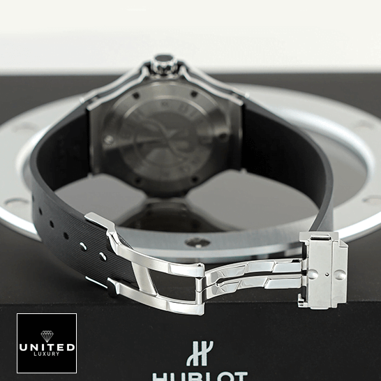 Hublot Big Bang Steel 361.SX.1270.RX.1104 "Diamond Bezel" Ultra Clone 1:1 hublot big bang steel black dial diamond bezel 361 SX 1270 RX 1104 replica back two Hublot Big Bang Steel Case Black Rubber Bracelet Replica opened steel clasp