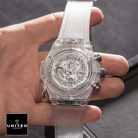 Hublot Big Bang Unico Sapphire Diamond 411.JX.4802.RT.1904 Luxury Clone Quality hublot big bang unico sapphire baguettes 411 JX 4802 RT 1904 replica front three Hublot Big Bang Unico Sapphire 411_JX_4802_RT_1904 Replica on the hand