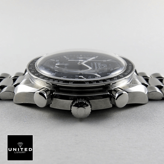 Omega Speedmaster Reduced 3510.50 Luxury Clone Quality omega speedmaster 3510.50 replica rightside Omega Speedmaster 3510.50 Black Bezel & Dial Crown / push button Replica side view