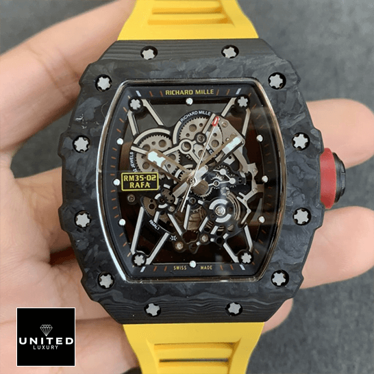 Richard Mille RM 35-01 "Rafael Nadal" Handcrafted Replica Edition richard mille RM35 01 RAFA KV V2 carbon skeleton dial front two Richard Mille RM35 01 Carbon Skeleton Dial Replica front view