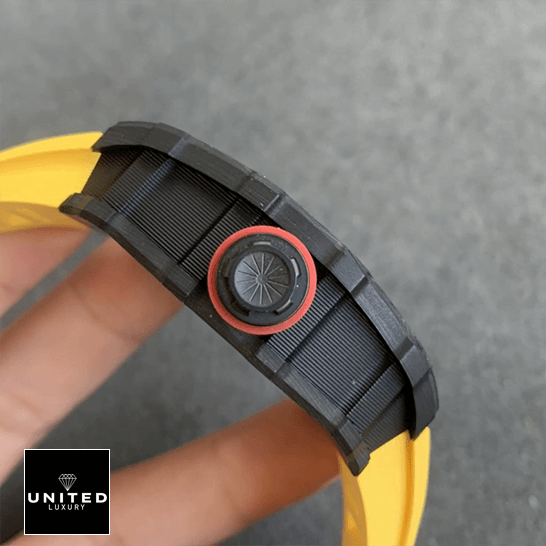 Richard Mille RM 35-01 "Rafael Nadal" Handcrafted Replica Edition richard mille RM35 01 RAFA KV V2 carbon skeleton dial right Richard Mille RM3501 RAFA Carbon Skeleton Dial Replica crown