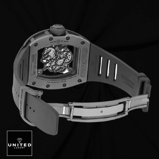 Richard Mille RM 055 "Black Dial" Authentic Super Replica richard mille RM055 replica back Richard Mille RM055 Black Rubber Bracelet Replica opened clasp black background