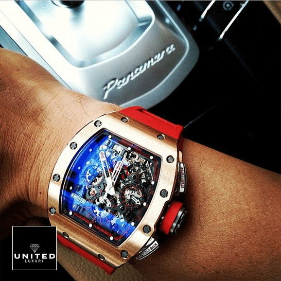 Richard Mille RM 011 "Red Demon" Premium Super Clone richard mille rm011 red demon hand Richard Mille RM011 Gold Bezel Red Demon Han Replica on the man wrist