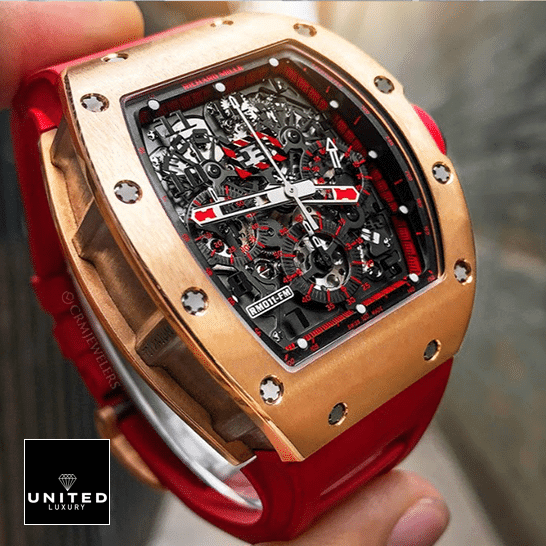 Richard Mille RM 011 "Red Demon" Premium Super Clone richard mille rm011 red demon left Richard Mille Black Dial Gold Bezel Replica on the fingers