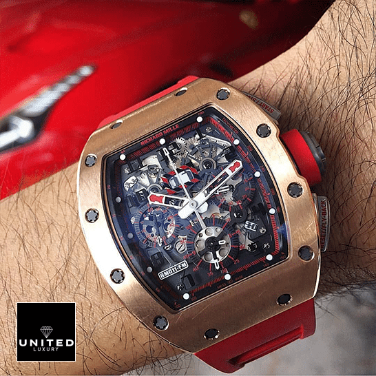 Richard Mille RM 011 "Red Demon" Premium Super Clone richard mille rm011 red demon man Richard Mille RM011 Red Demon Black Dial Gold Bezel Replica on the man wrist
