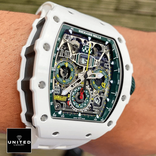 Richard Mille RM 11-03 "Le Mans" First-Class Clone richardmillie RM11 03 replica hand Richard Mille Green Dial White Bezel Replica on the wrist